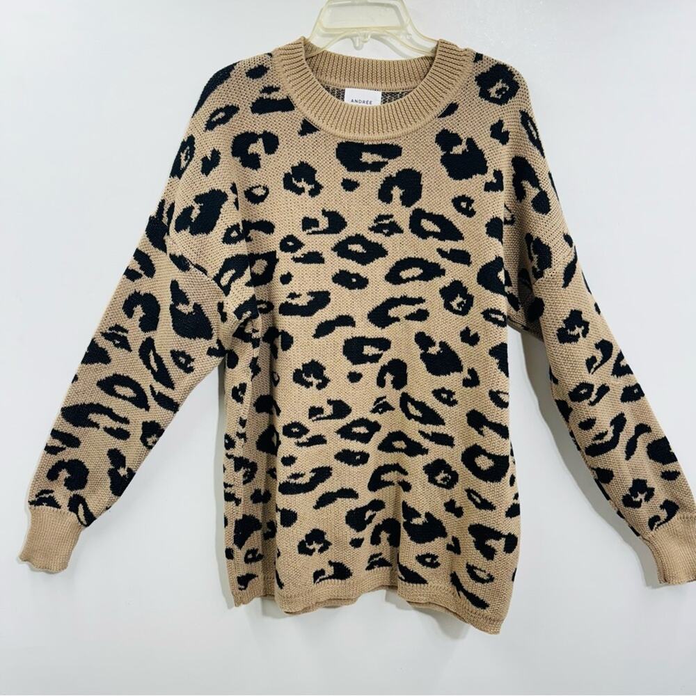 Andree by Unit Sweater Tan Black Leopard Animal Print Knit Pullover Sz M New